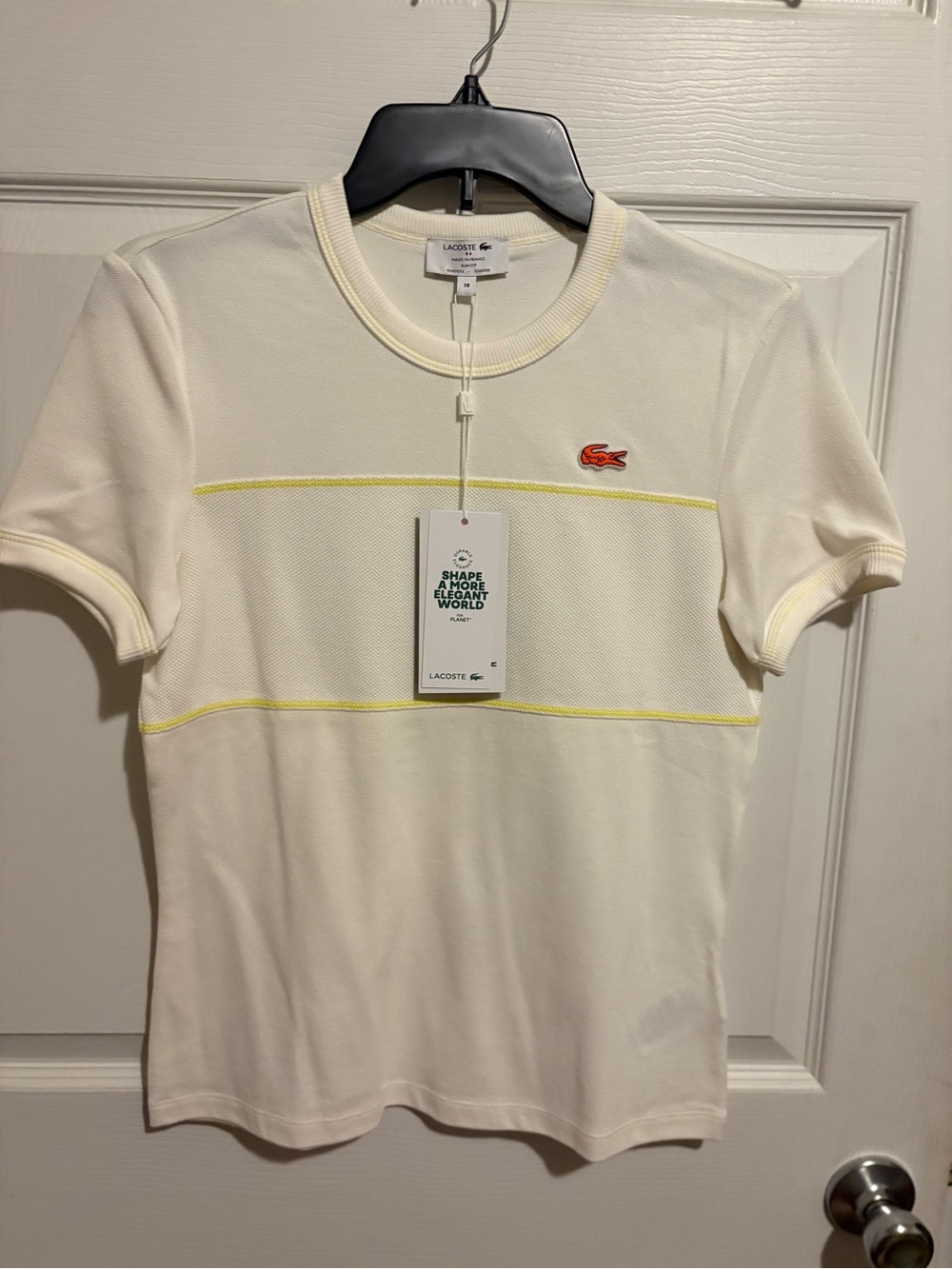 Lacoste White Piqué Tee with Yellow Stitching and Orange Croc